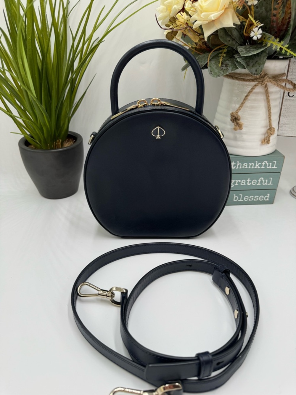 Kate Spade Andi Canteen Bag Navy Blue Smooth Leather Round Crossbody